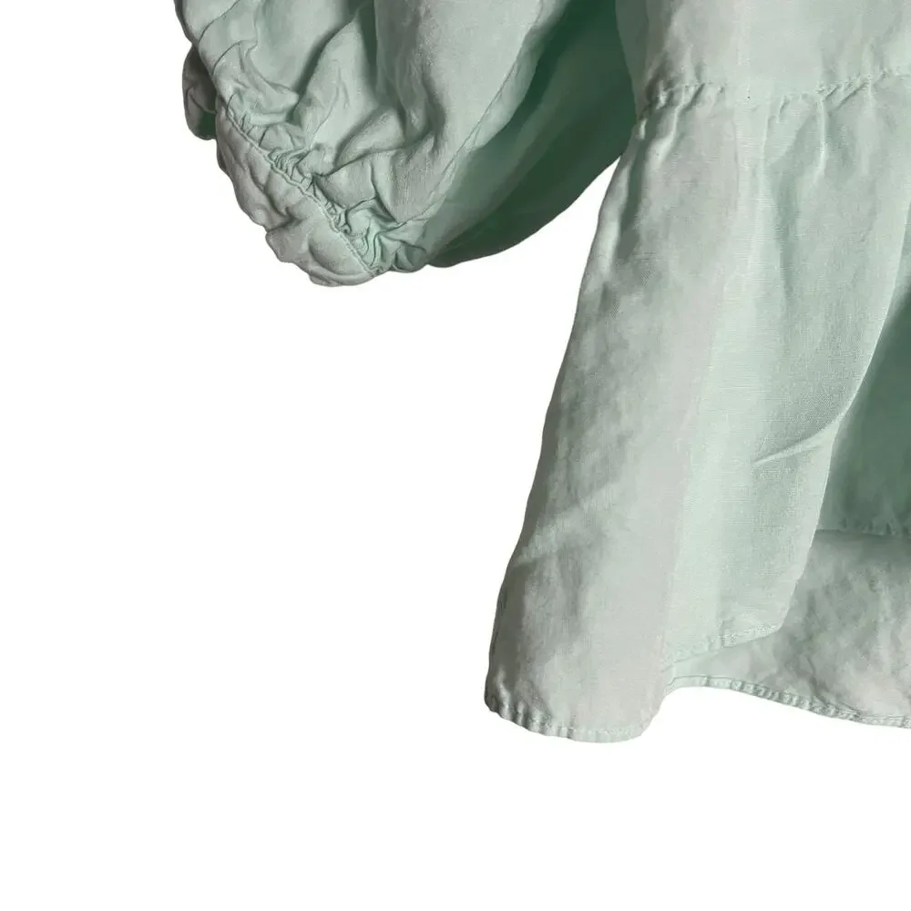 Amanda Uprichard Diego Light Blue Linen Puff Sleeve Split Neck Top Size XS - Picture 10 of 13